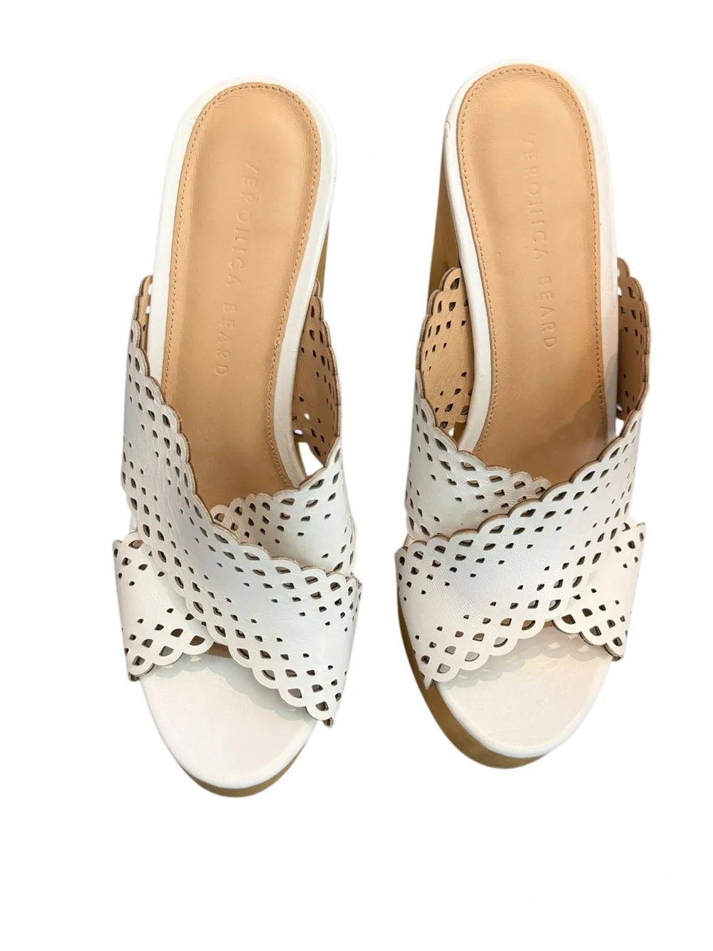 Veronica Beard Gaynor White Scalloped Leather Platform Mule with Wood Heel Clogs